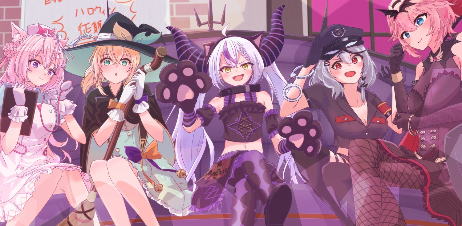 animal_ears chamomile cleavage devil dress fishnets garter hakui_koyori halloween hololive horns kazama_iroha la+_darknesss nurse pantyhose sakamata_chloe see_through takane_lui thighhighs uniform wings witch