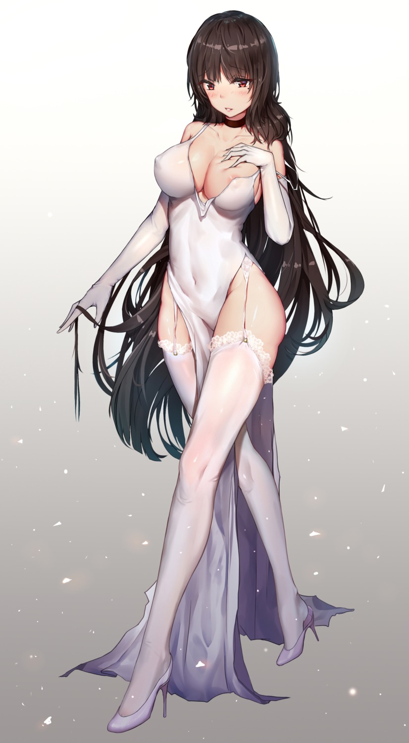 areola breast_hold cleavage dress erect_nipples heels no_bra roy_(pixiv12676578) stockings thighhighs