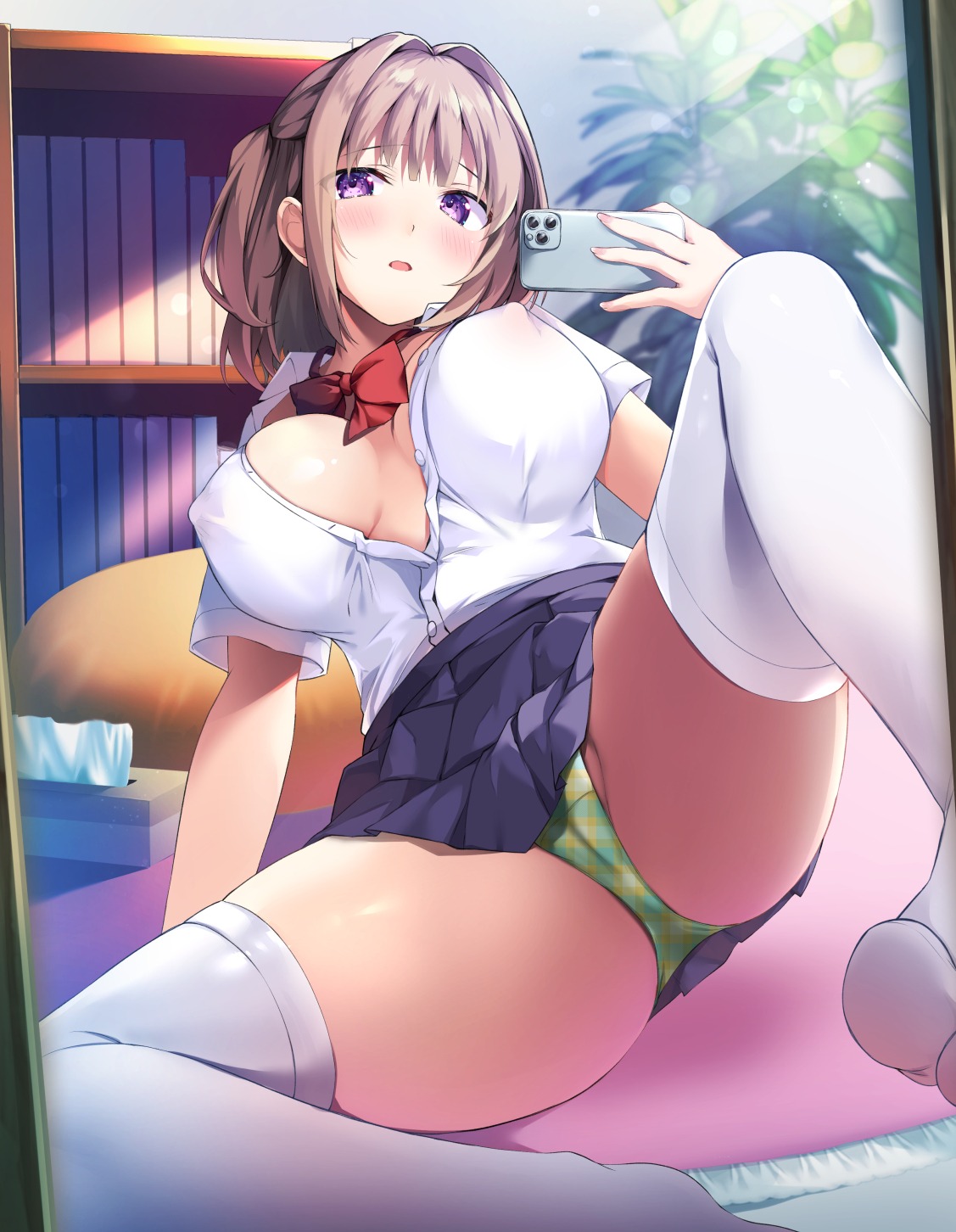 cameltoe erect_nipples kaniya_shiku no_bra open_shirt pantsu seifuku selfie skirt_lift