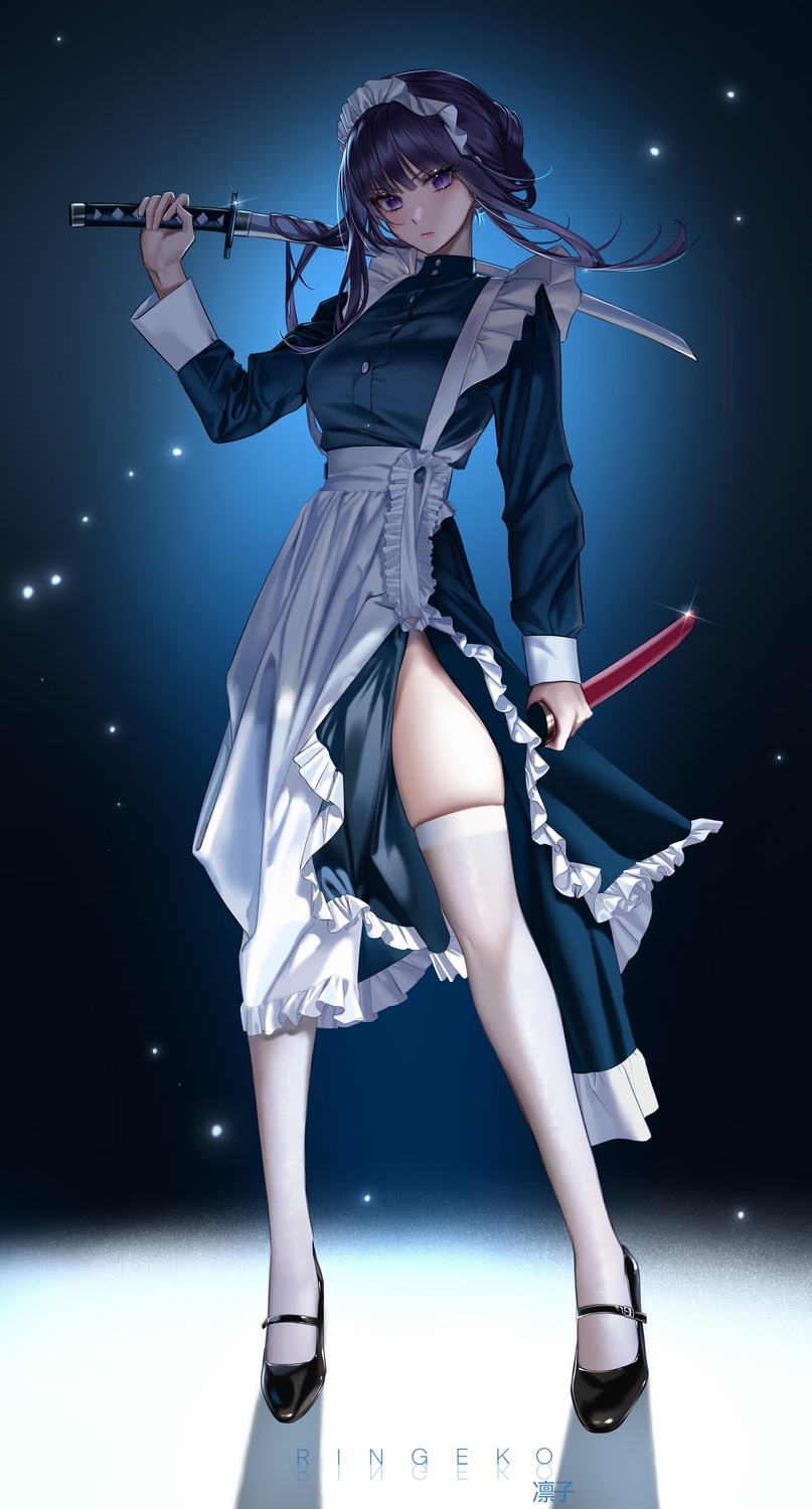 genshin_impact maid raiden_shogun ringeko-chan sword thighhighs