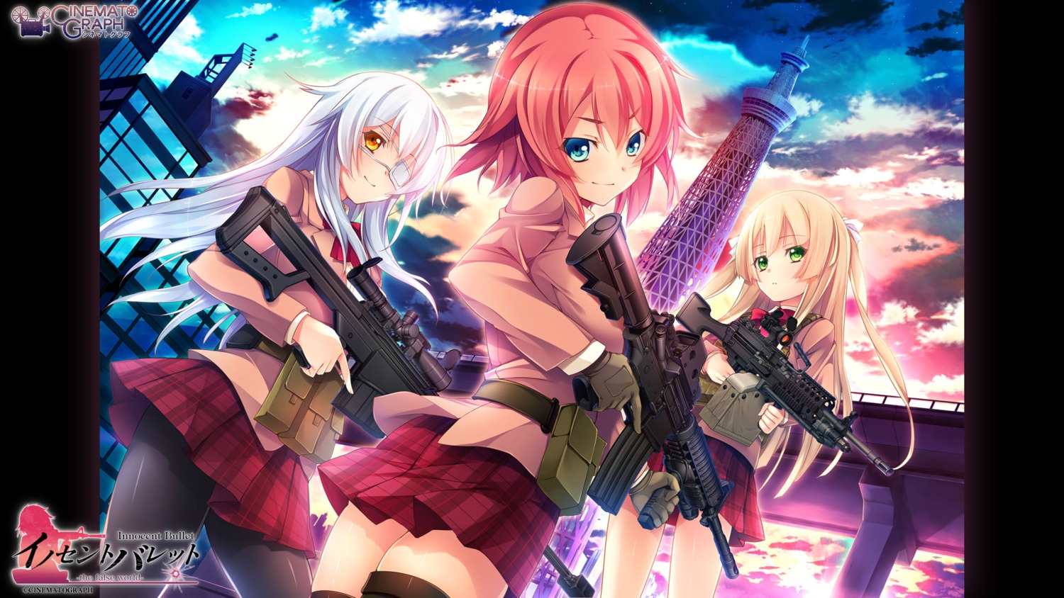 cinematograph eyepatch gun innocent_bullet kanzaki_sayaka miyasu_sanae oosaki_shinya pantyhose seifuku thighhighs wallpaper yasouji_ai