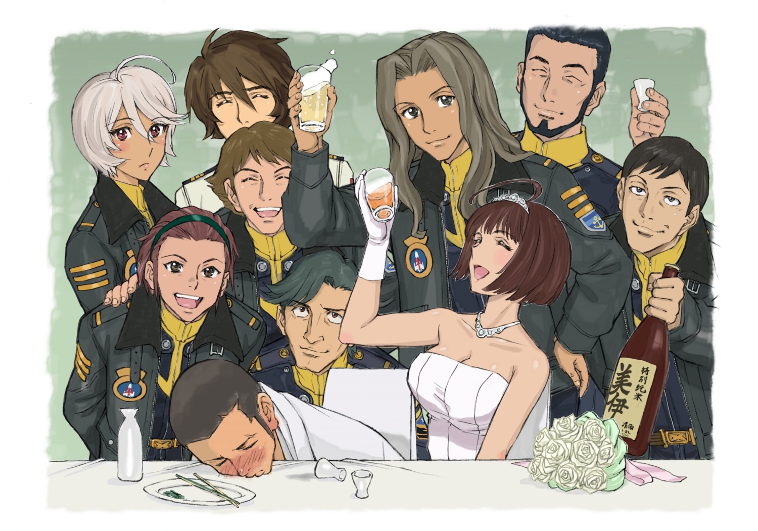 cleavage dress harada_makoto katou_saburou kimono kodai_susumu murakawa_michio sake sawamura_shou shinohara_hiroki uchuu_senkan_yamato uchuu_senkan_yamato_2199 uniform wedding_dress yamamoto_akira