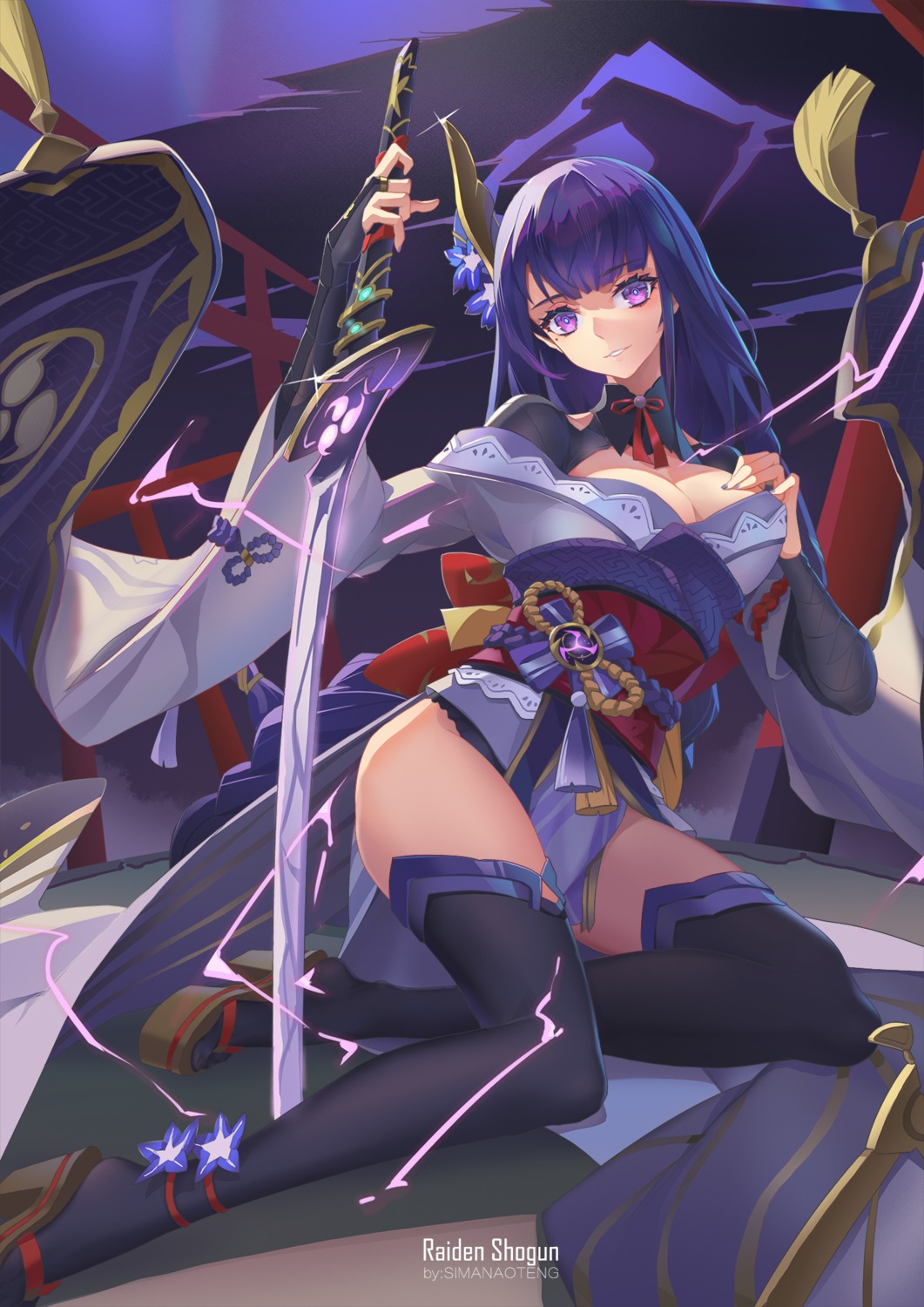 cleavage genshin_impact japanese_clothes no_bra open_shirt raiden_shogun sima_naoteng sword thighhighs