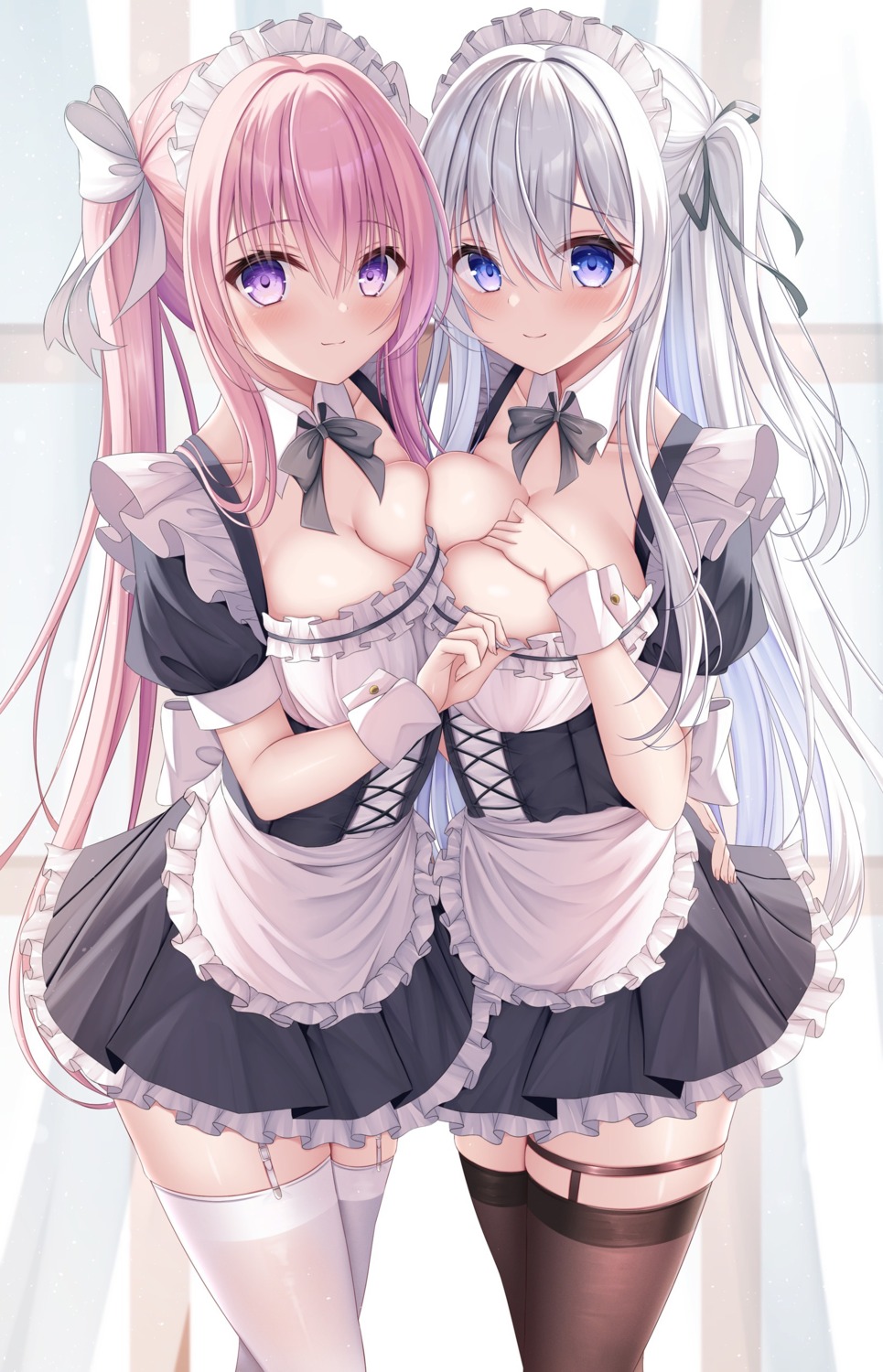 garter hanonokusa maid no_bra stockings symmetrical_docking thighhighs