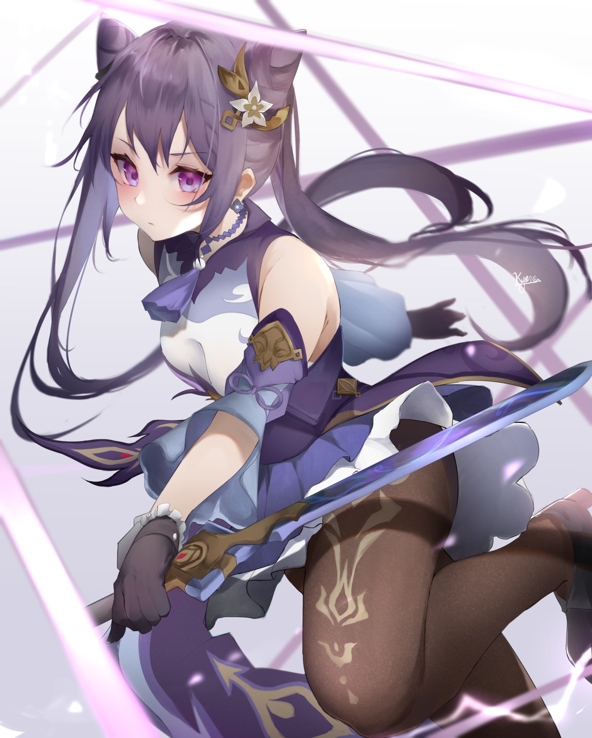 asian_clothes genshin_impact keqing kyoro_ina pantyhose skirt_lift sword