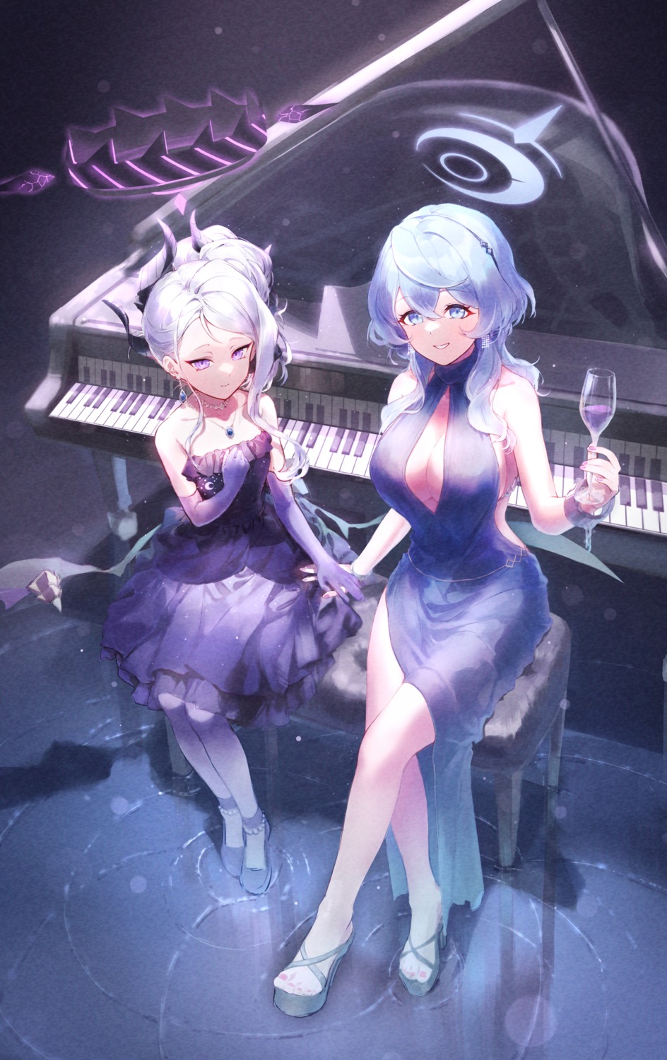 amau_ako blue_archive dentaku_music devil dress halo heels horns no_bra sorasaki_hina wings