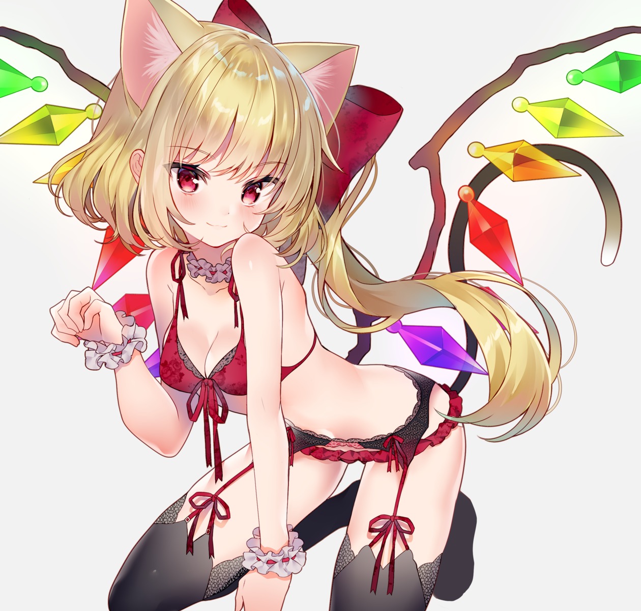 animal_ears bra cleavage flandre_scarlet garter_belt kawachi_rin nekomimi pantsu stockings tail thighhighs touhou wings