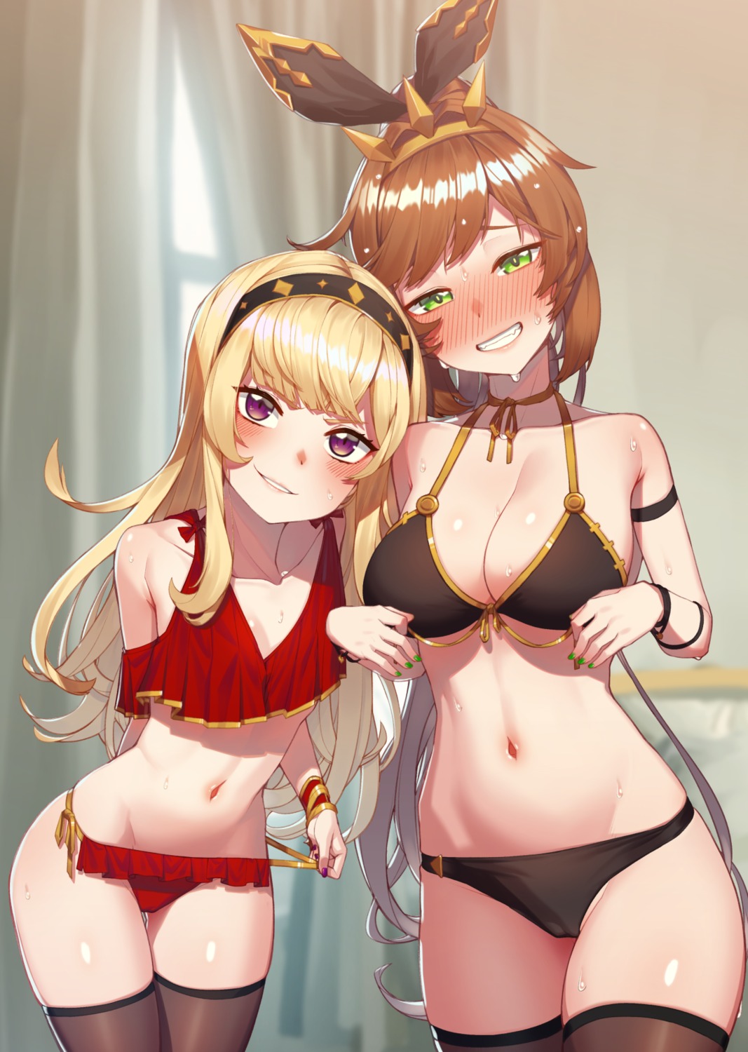 bikini cagliostro_(granblue_fantasy) cameltoe clarisse_(granblue_fantasy) cleavage granblue_fantasy kourui swimsuits thighhighs undressing