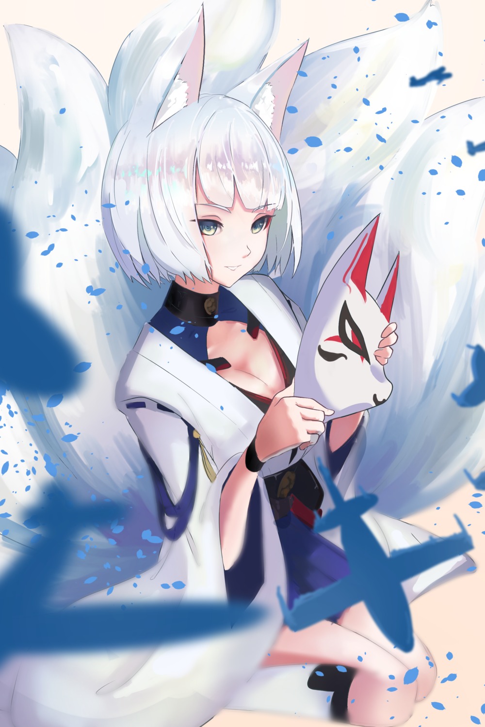 animal_ears azur_lane cleavage japanese_clothes kaga_(azur_lane) kitsune tail units_lustil