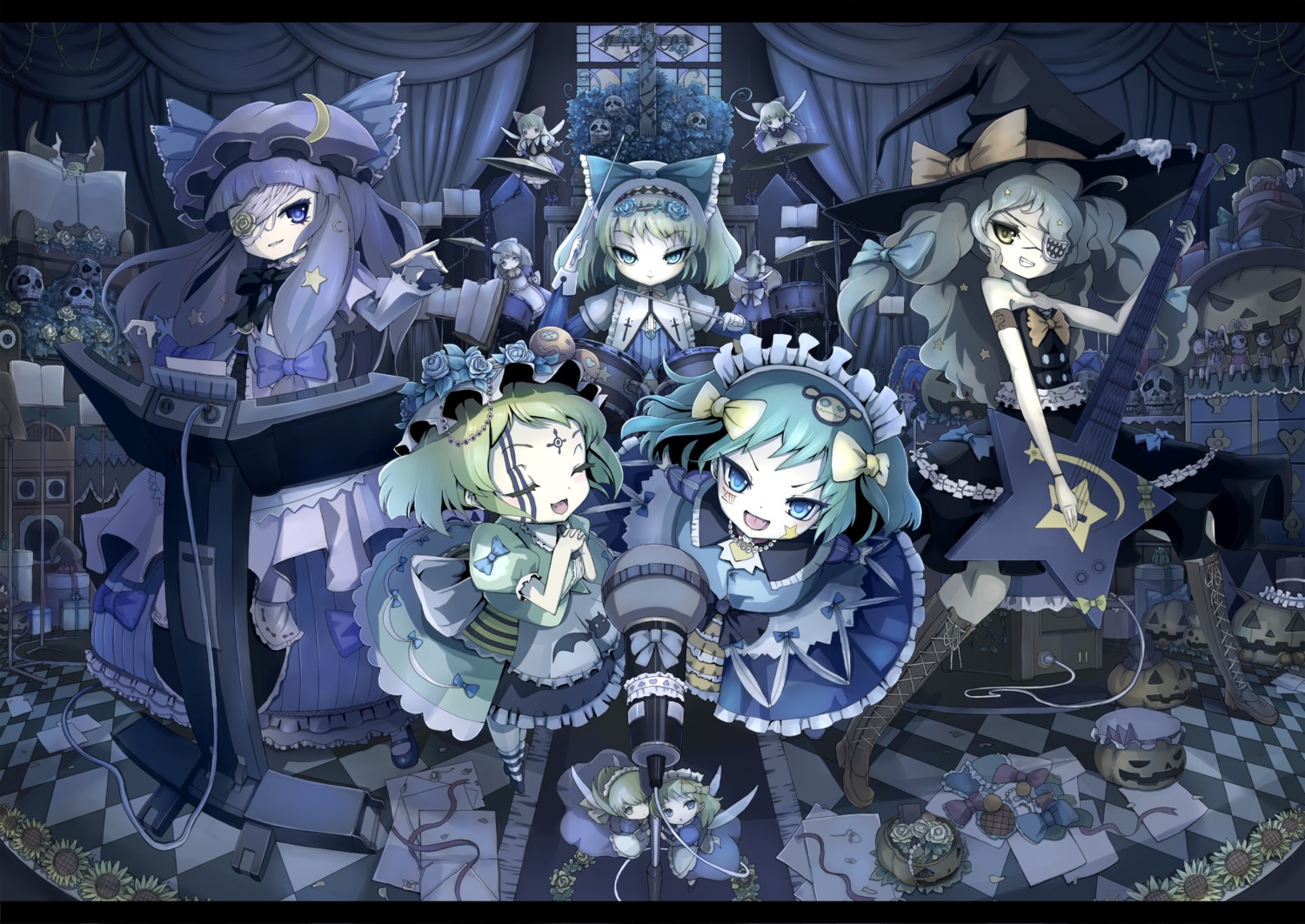 alice_margatroid eyepatch guitar kirisame_marisa patchouli_knowledge sanntouhei shanghai_doll touhou