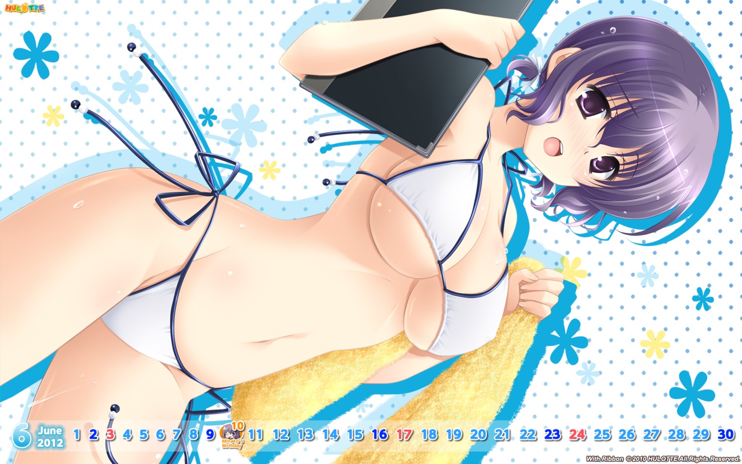 asaka_minako bikini calendar cleavage erect_nipples hulotte ikegami_akane swimsuits underboob wallpaper with_ribbon