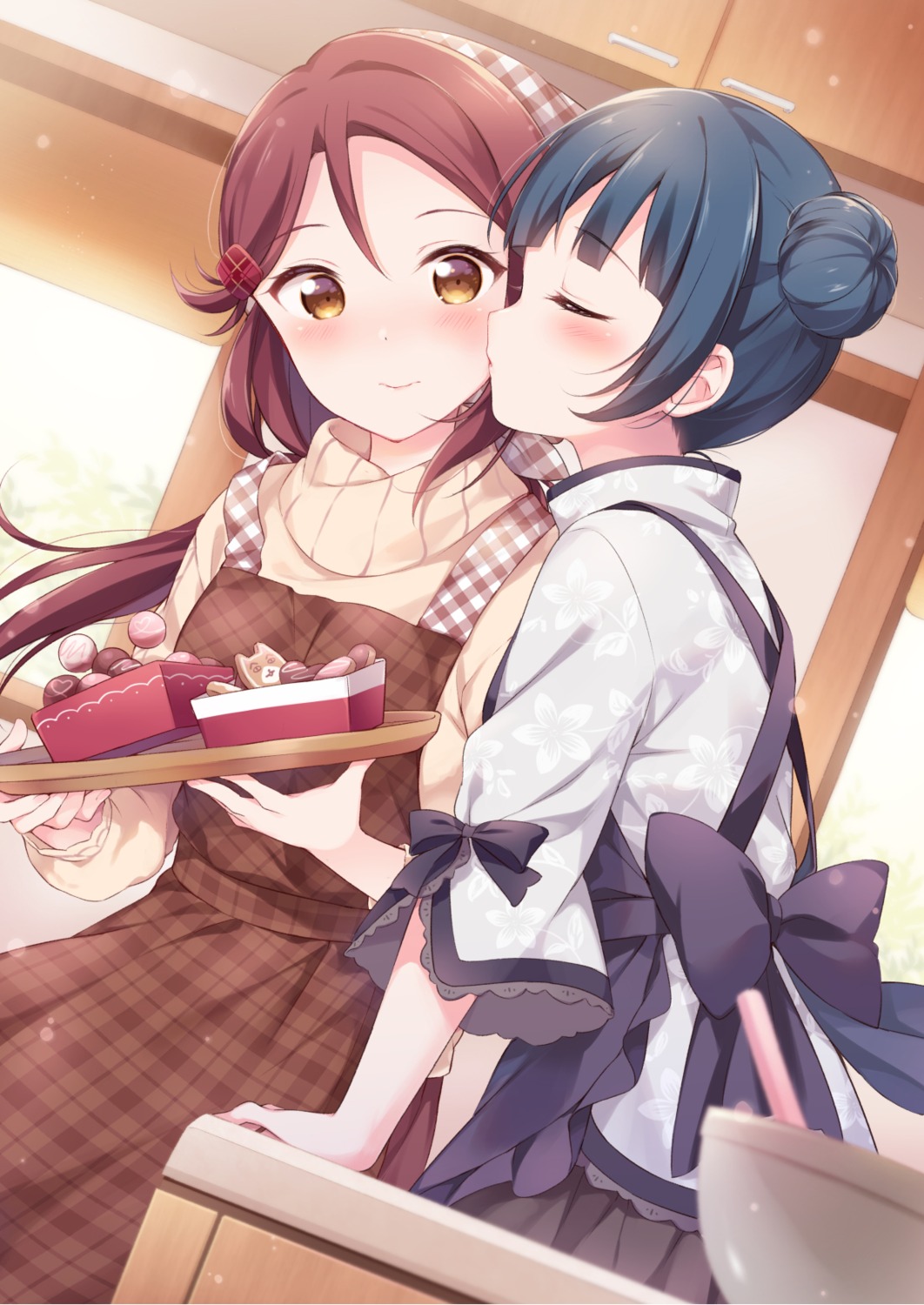 hazuki_(sutasuta) love_live!_sunshine!! maid sakurauchi_riko sweater tsushima_yoshiko valentine wa_maid waitress yuri