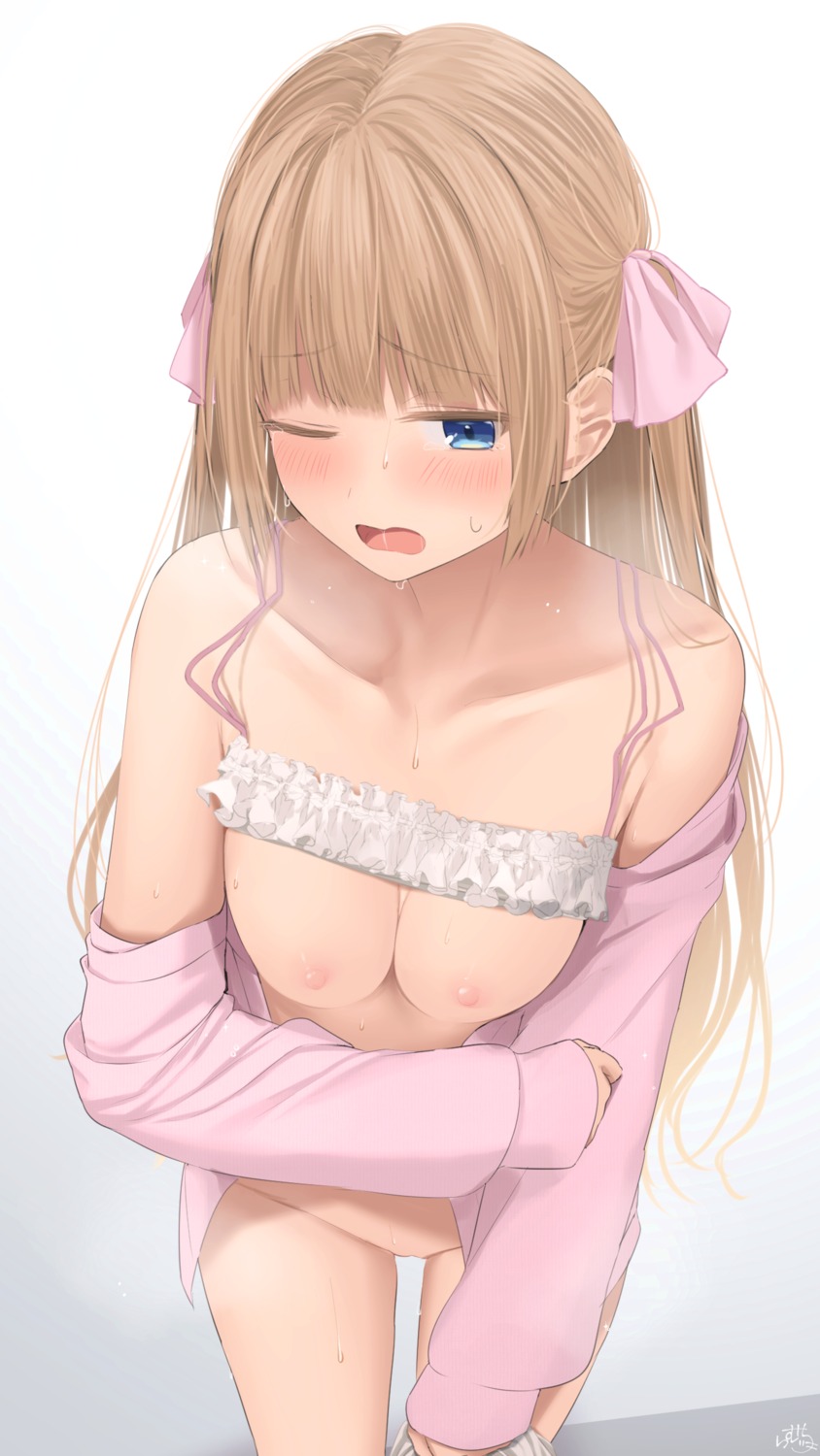 breasts hime-chan_(ramchi) lingerie nipples open_shirt pantsu panty_pull ramchi sweater