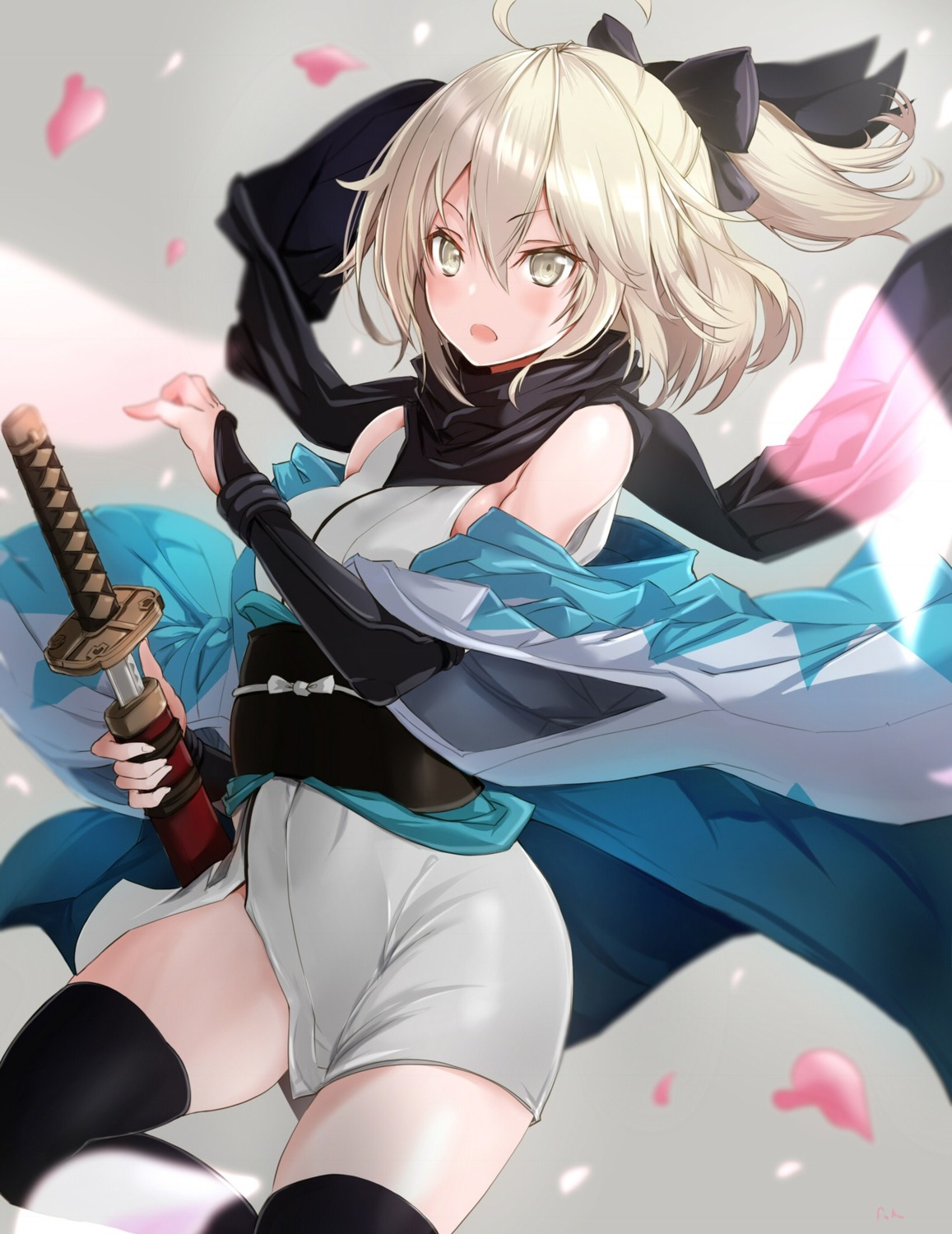 fate/grand_order fuku_kitsune japanese_clothes okita_souji_(fate) sword thighhighs