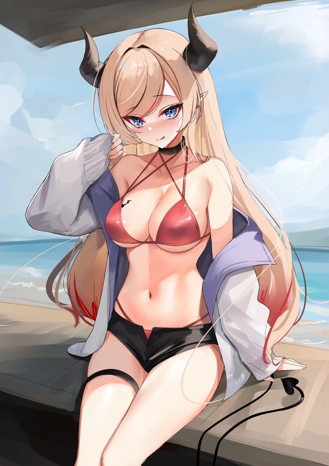 bikini garter hololive horns open_shirt pointy_ears rifufu swimsuits tail tattoo yuzuki_choco