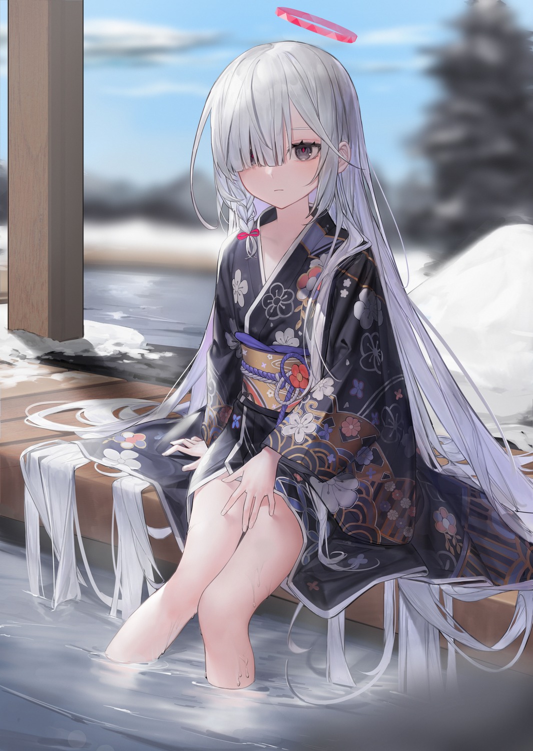 arona_(blue_archive) blue_archive halo kimono onsen plana_(blue_archive) snacks00 wet