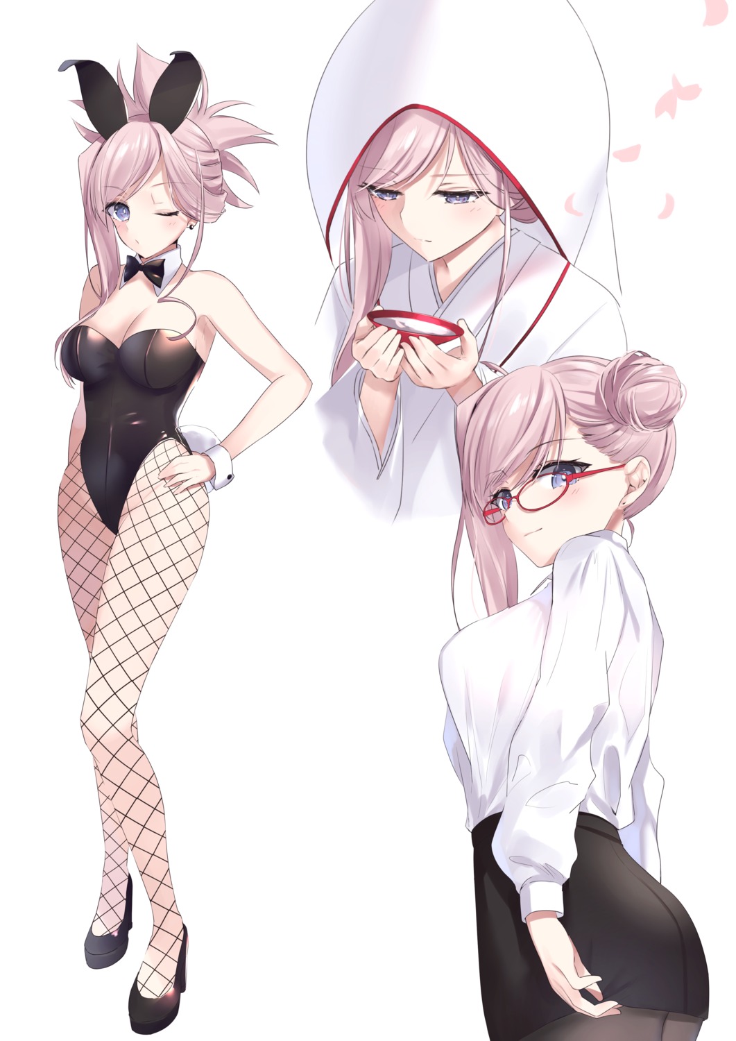 animal_ears bunny_ears bunny_girl fate/grand_order fishnets hane_yuki heels japanese_clothes megane miyamoto_musashi_(fate/grand_order) no_bra pantyhose tail