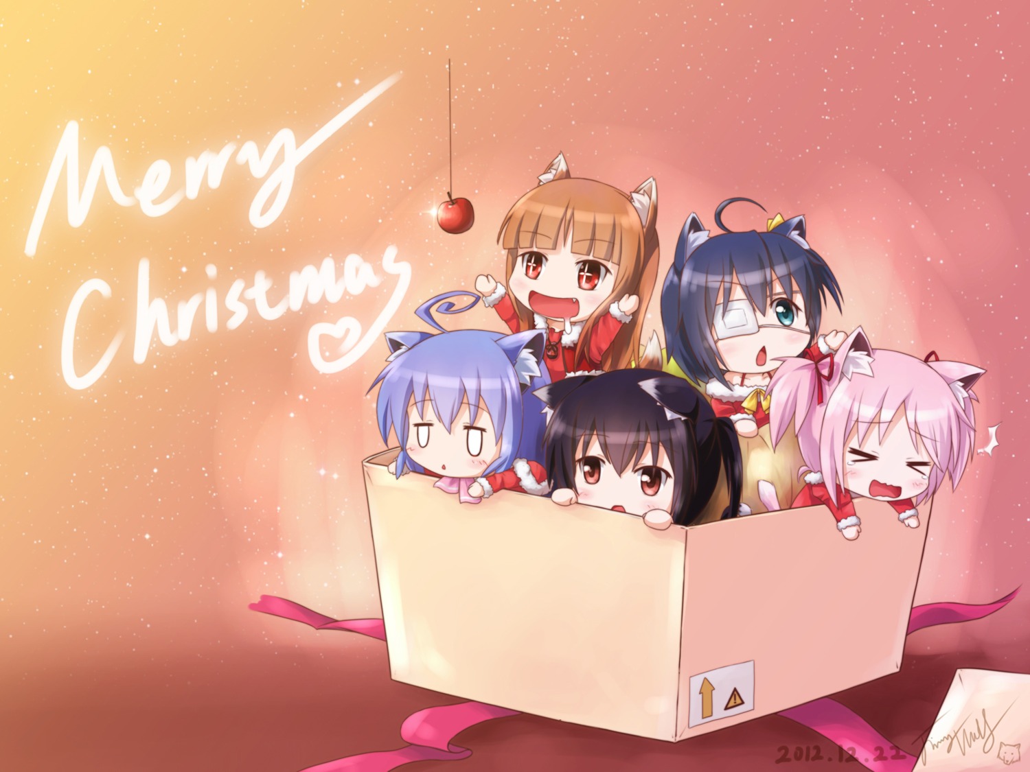 acchi_kocchi animal_ears chibi christmas chuunibyou_demo_koi_ga_shitai! crossover eyepatch holo k-on! kaname_madoka langbazi miniwa_tsumiki nakano_azusa nekomimi puella_magi_madoka_magica spice_and_wolf takanashi_rikka wallpaper