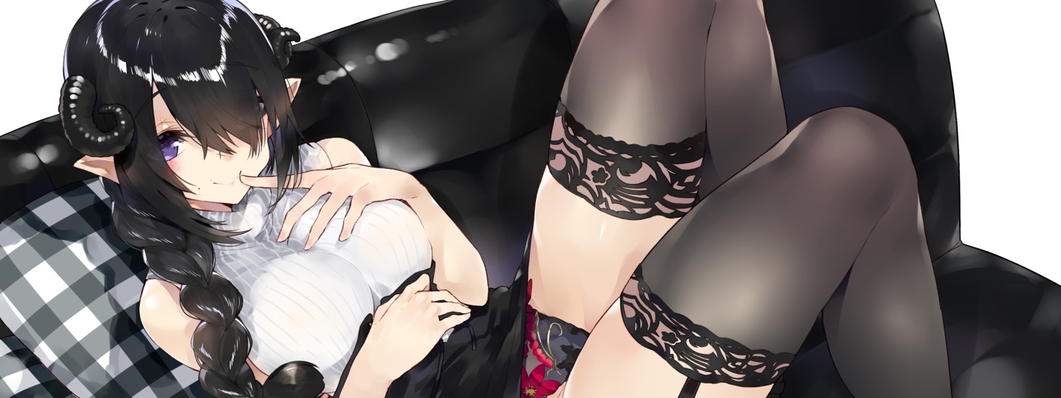 horns kou_mashiro pantsu pointy_ears skirt_lift stockings sweater thighhighs