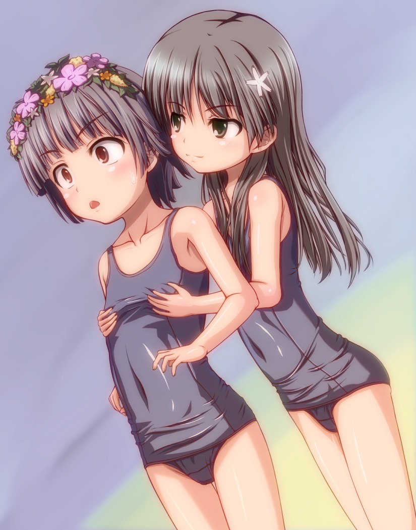 breast_grab loli saten_ruiko school_swimsuit swimsuits toaru_kagaku_no_railgun toaru_majutsu_no_index uiharu_kazari yunijin yuri