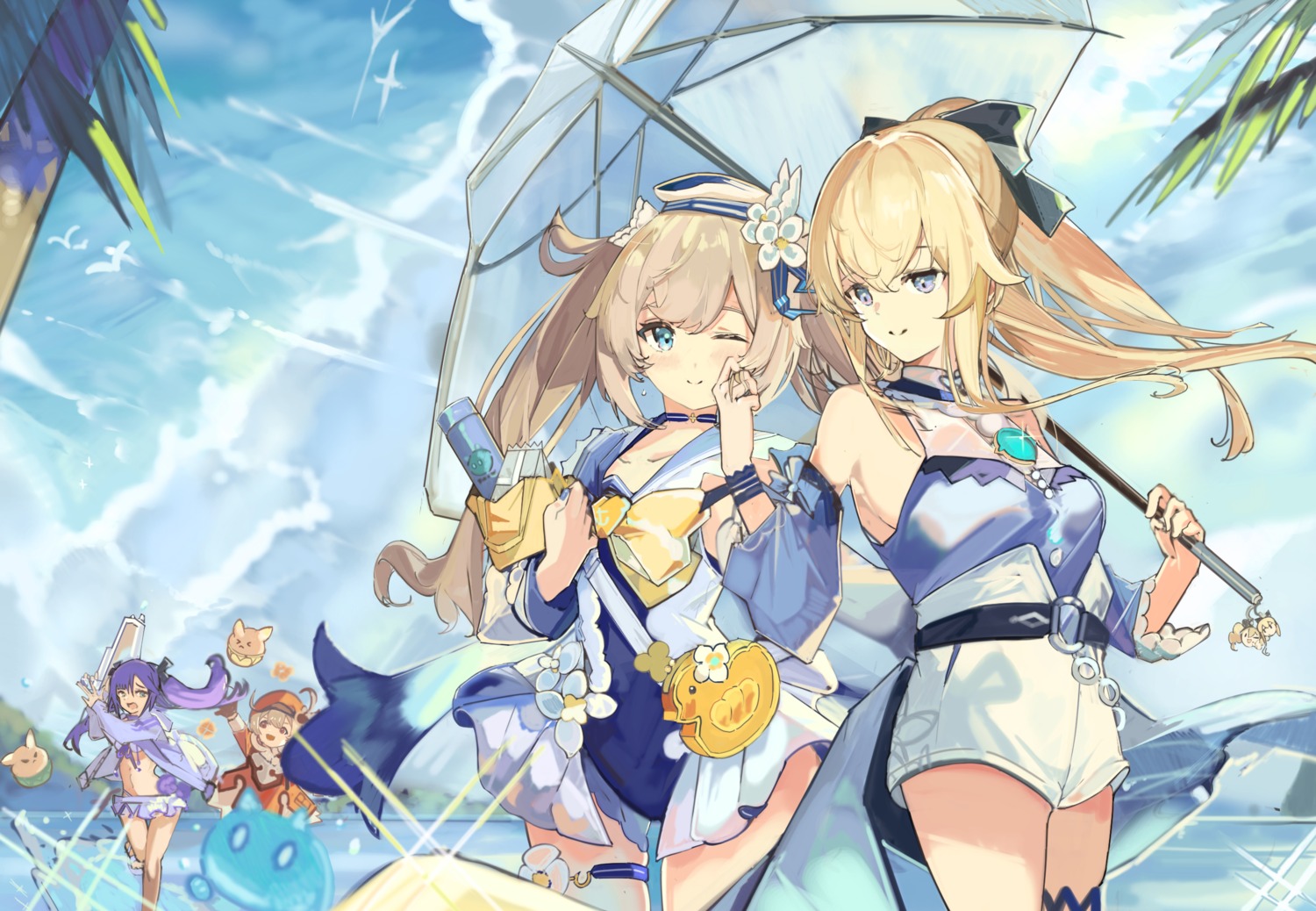 barbara_(genshin_impact) garter genshin_impact jean_(genshin_impact) klee maca_._p mona_megistus swimsuits umbrella