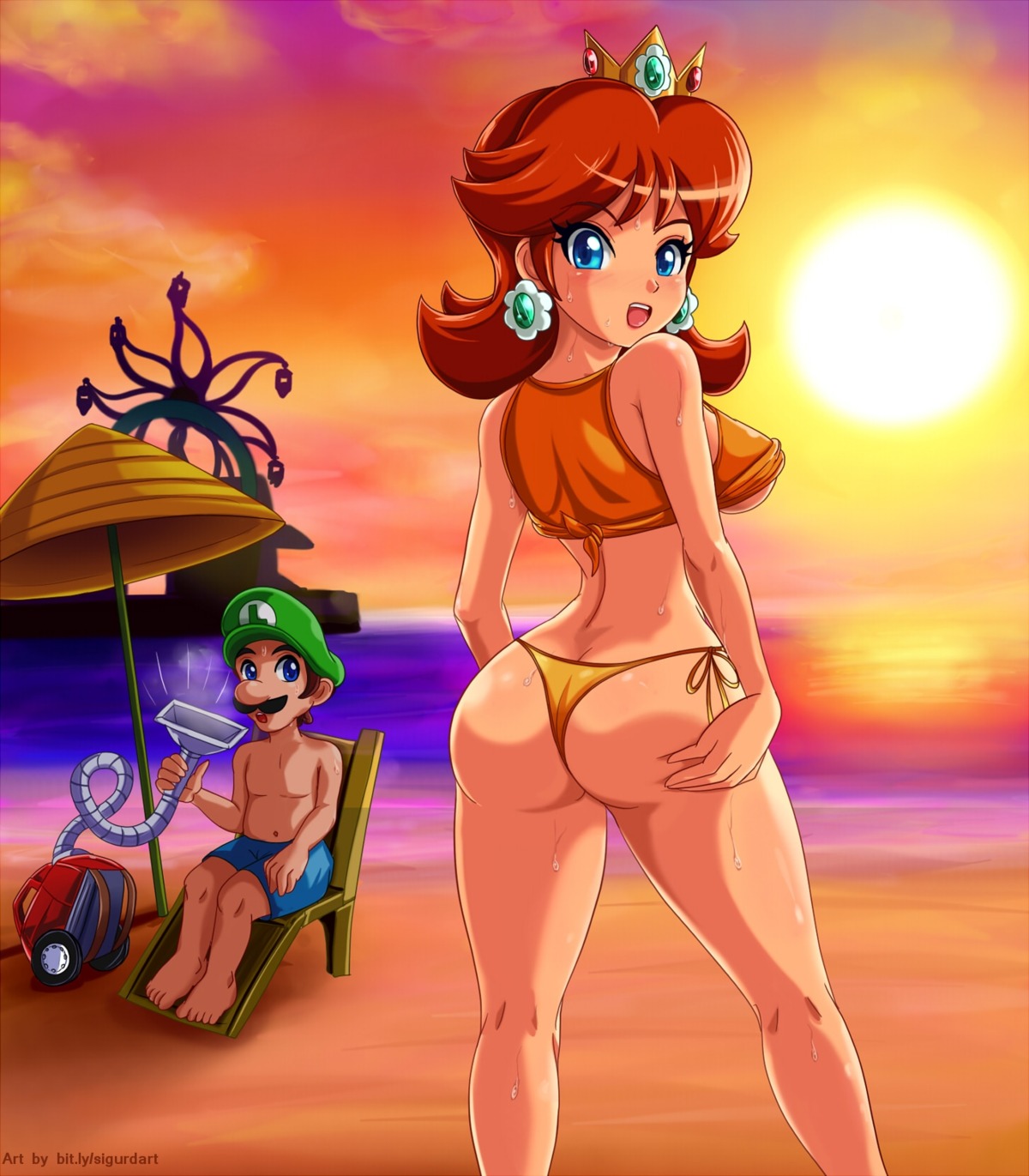 ass bikini luigi mario_bros. official_watermark princess_daisy shirt_lift sigurdhosenfeld swimsuits underboob