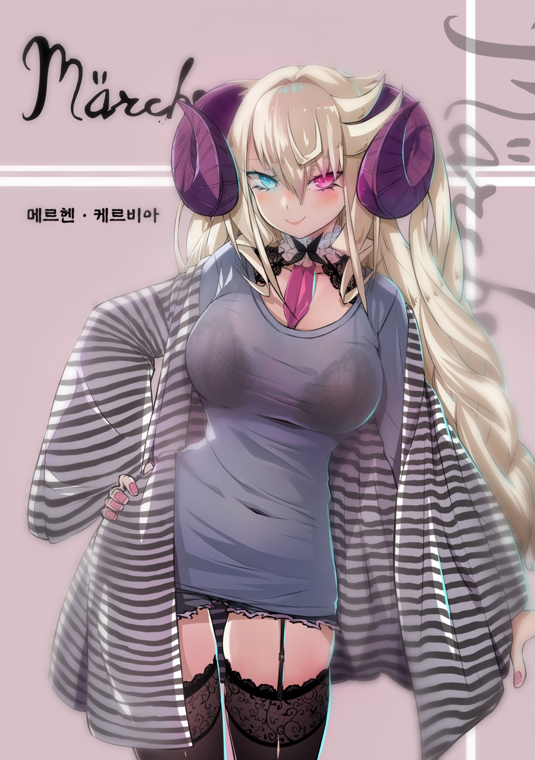 bra garter_belt heterochromia horns marchen_(torriet) see_through stockings thighhighs torriet