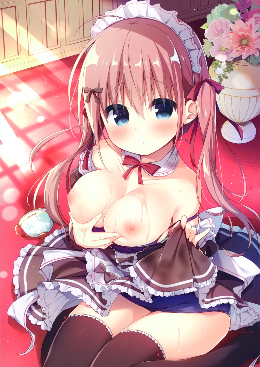 breasts dress hanamiya_natsuka nipples school_swimsuit stockings swimsuits thighhighs