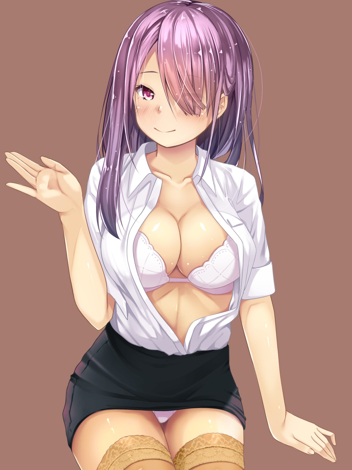 bra dress_shirt open_shirt pantsu skirt_lift tagme thighhighs