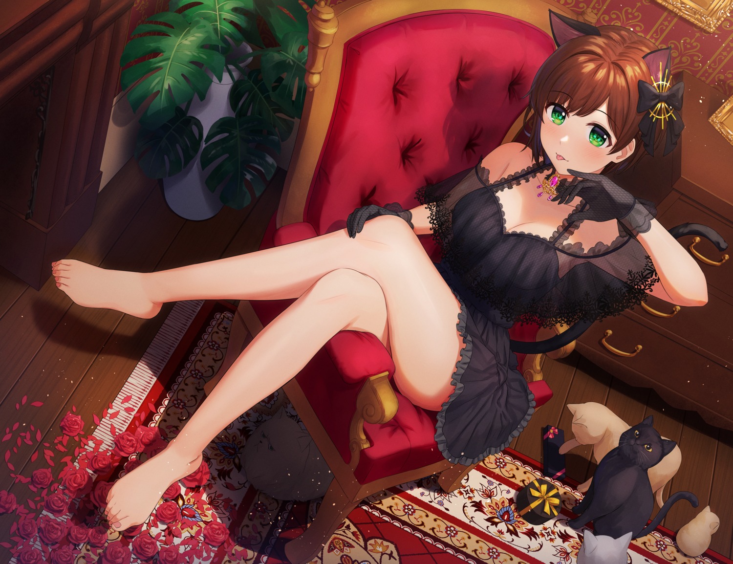 animal_ears cleavage dress feet kurageso maekawa_miku neko nekomimi see_through skirt_lift tail the_idolm@ster the_idolm@ster_cinderella_girls