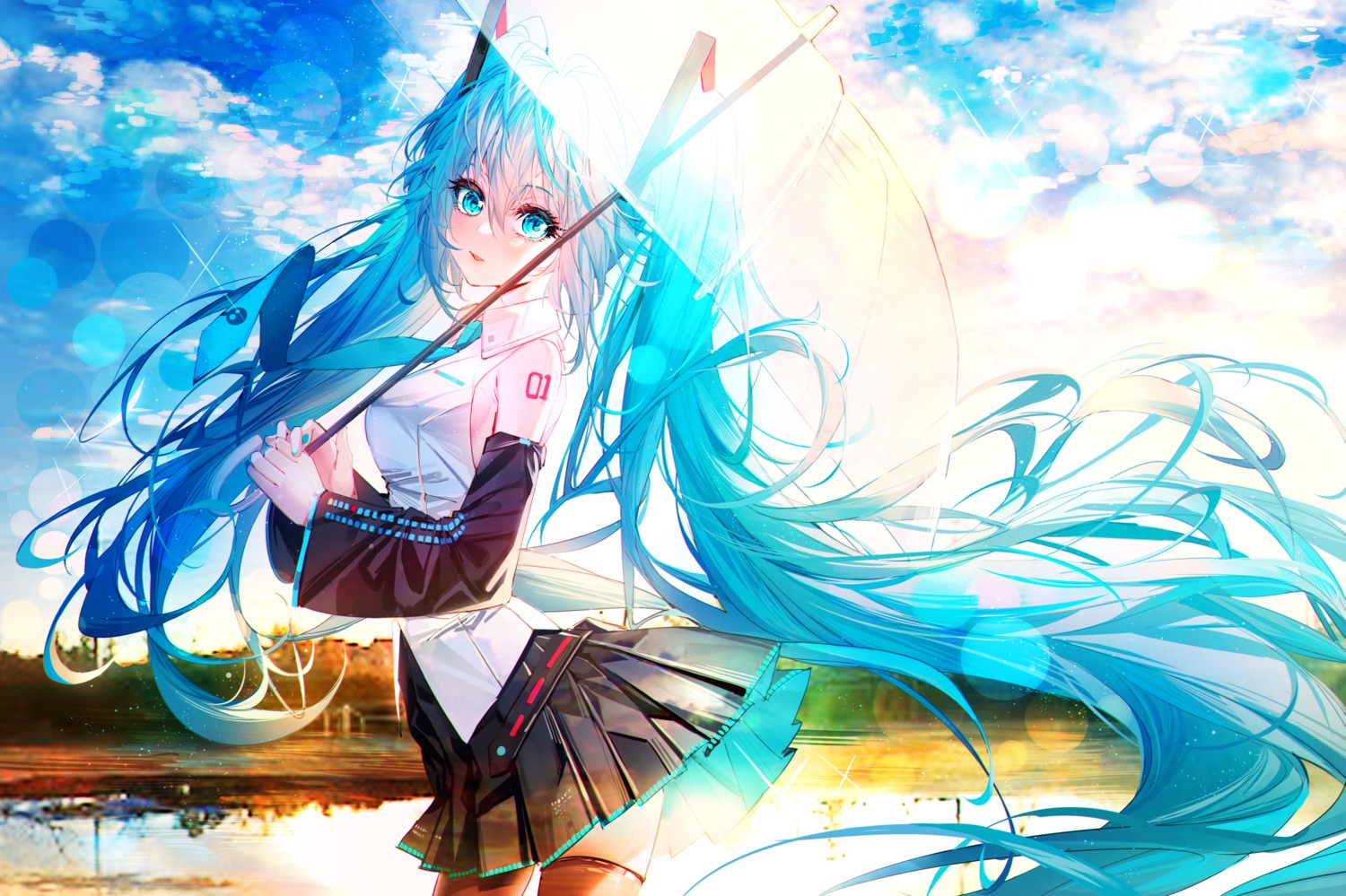 baocaizi hatsune_miku skirt_lift tattoo thighhighs umbrella vocaloid