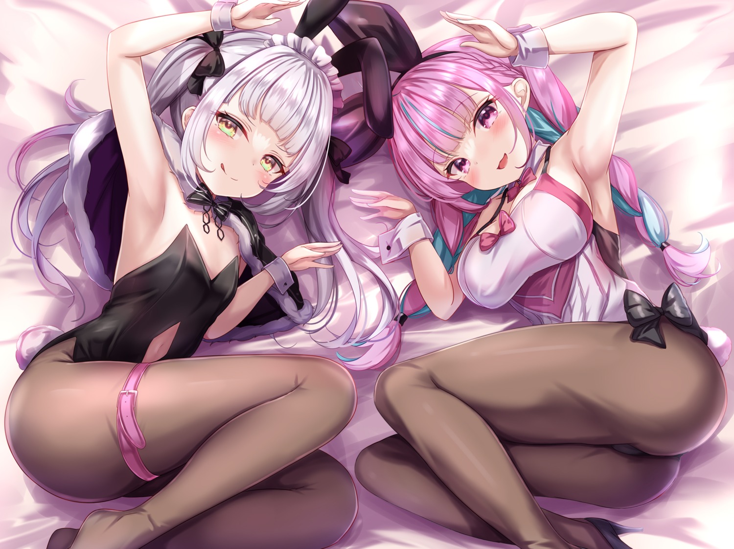 animal_ears ass bunny_ears bunny_girl garter heels hololive minato_aqua murasaki_shion no_bra pantyhose yuano