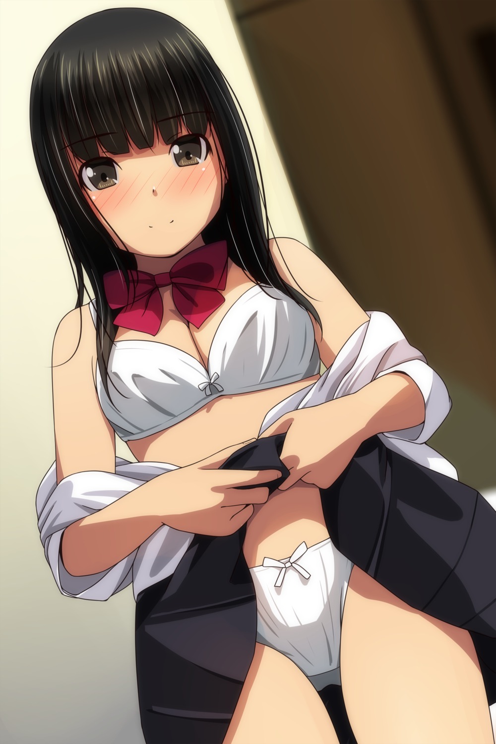 bra cleavage matsunaga_kouyou open_shirt pantsu seifuku skirt_lift