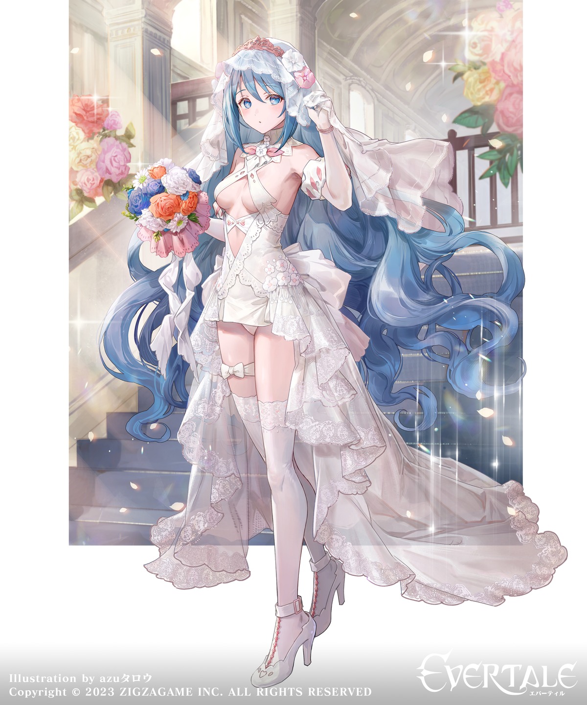 azu-taro dress evertale garter heels no_bra pantsu snow_white_(evertale) thighhighs wedding_dress
