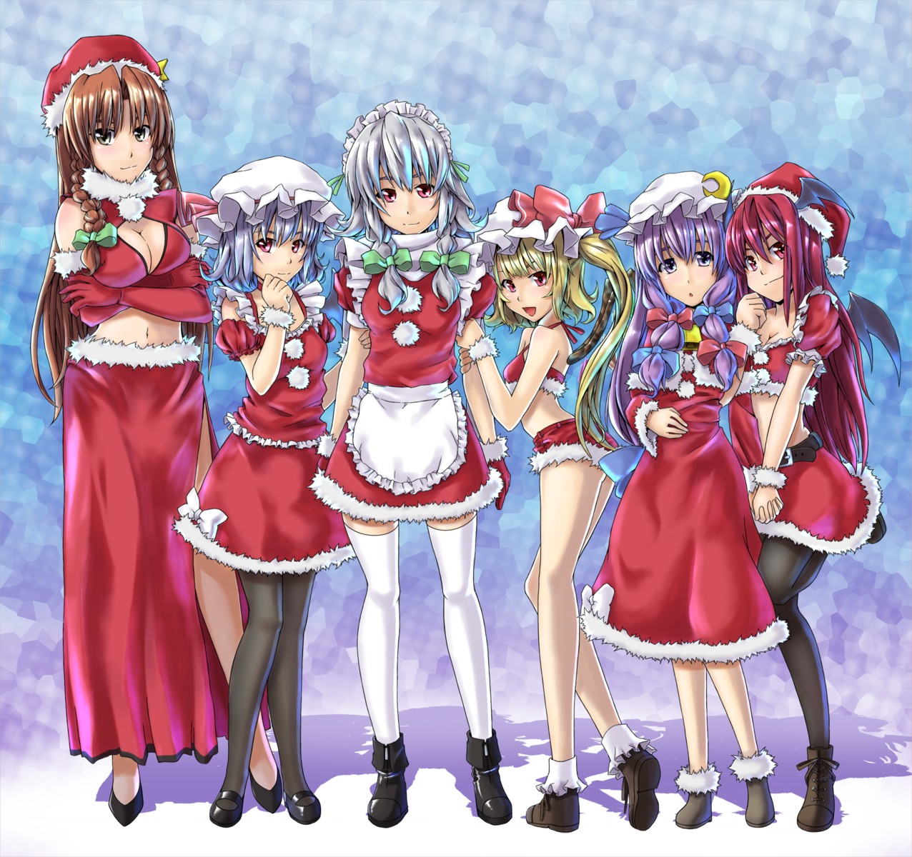 alto-00 christmas cleavage flandre_scarlet hong_meiling izayoi_sakuya koakuma pantyhose patchouli_knowledge remilia_scarlet thighhighs touhou