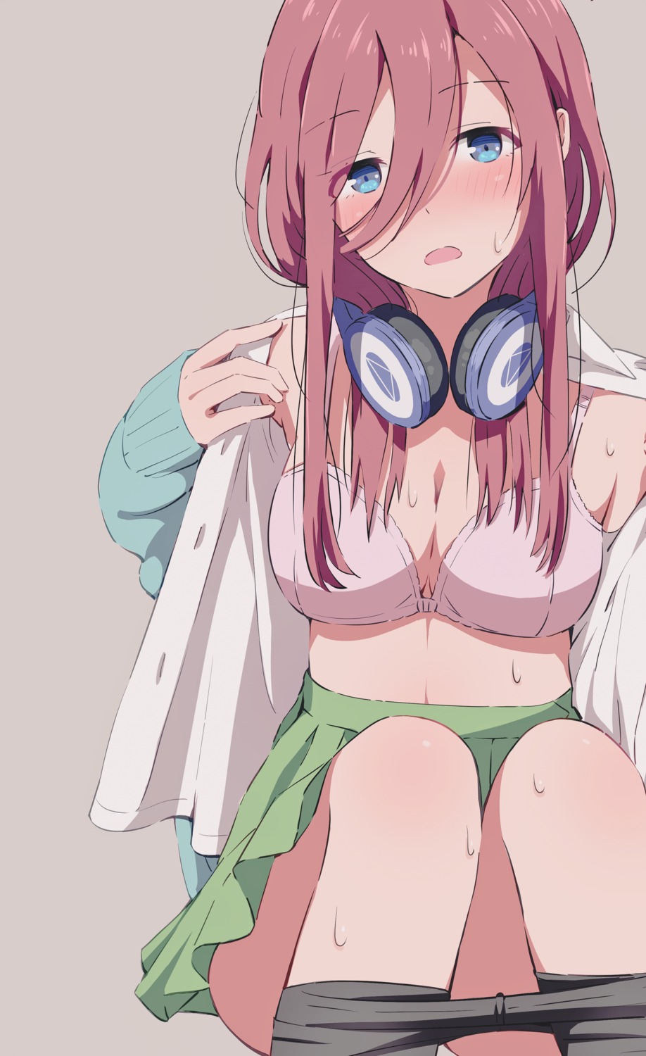 5-toubun_no_hanayome asou_(asabu202) bra cleavage headphones nakano_miku open_shirt pantyhose seifuku skirt_lift sweater undressing