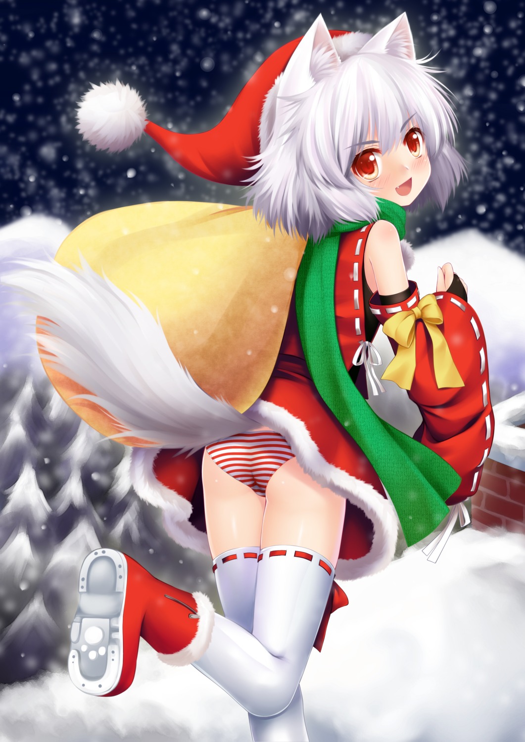 animal_ears christmas inubashiri_momiji ookami_ryuu pantsu shimapan tail thighhighs touhou