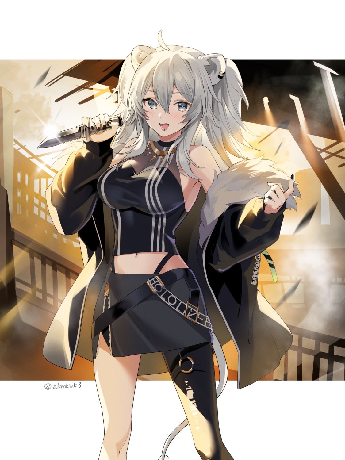 akmkmk3 animal_ears garter hololive no_bra shishiro_botan tail torn_clothes weapon