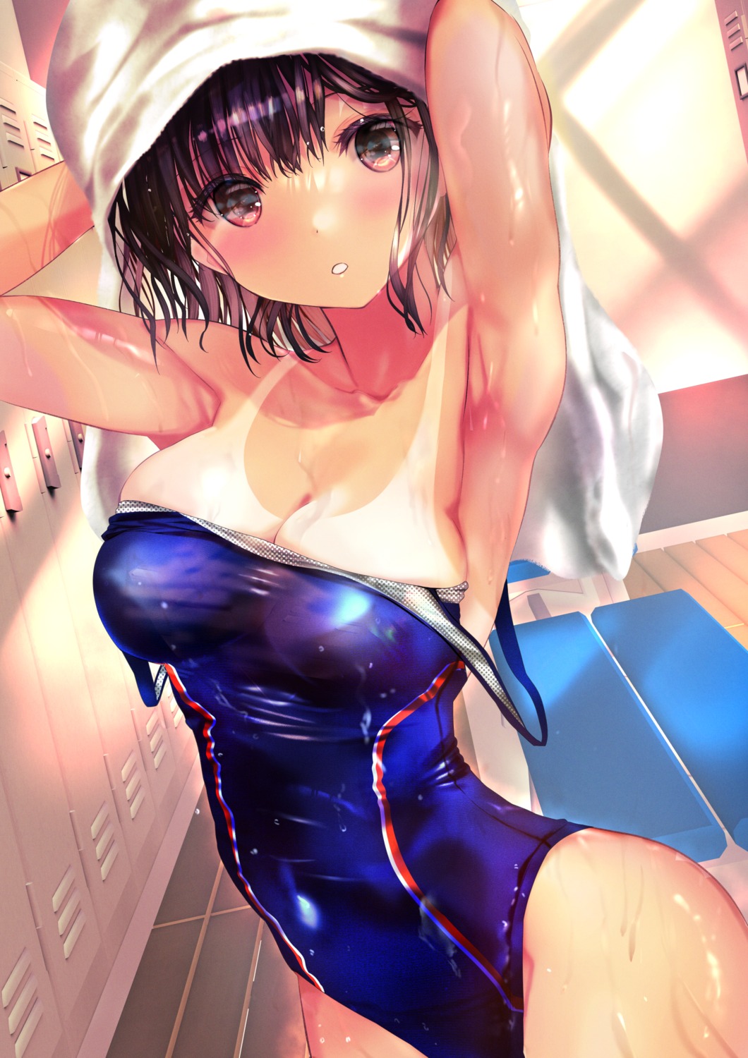 erect_nipples ogata_tei swimsuits tan_lines towel wet