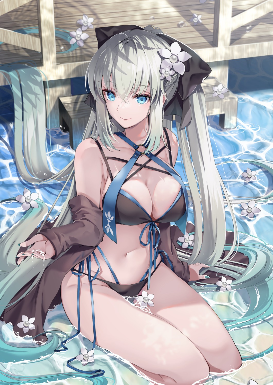 akatsuki_hijiri bikini fate/grand_order morgan_le_fay_(fate) open_shirt swimsuits wet