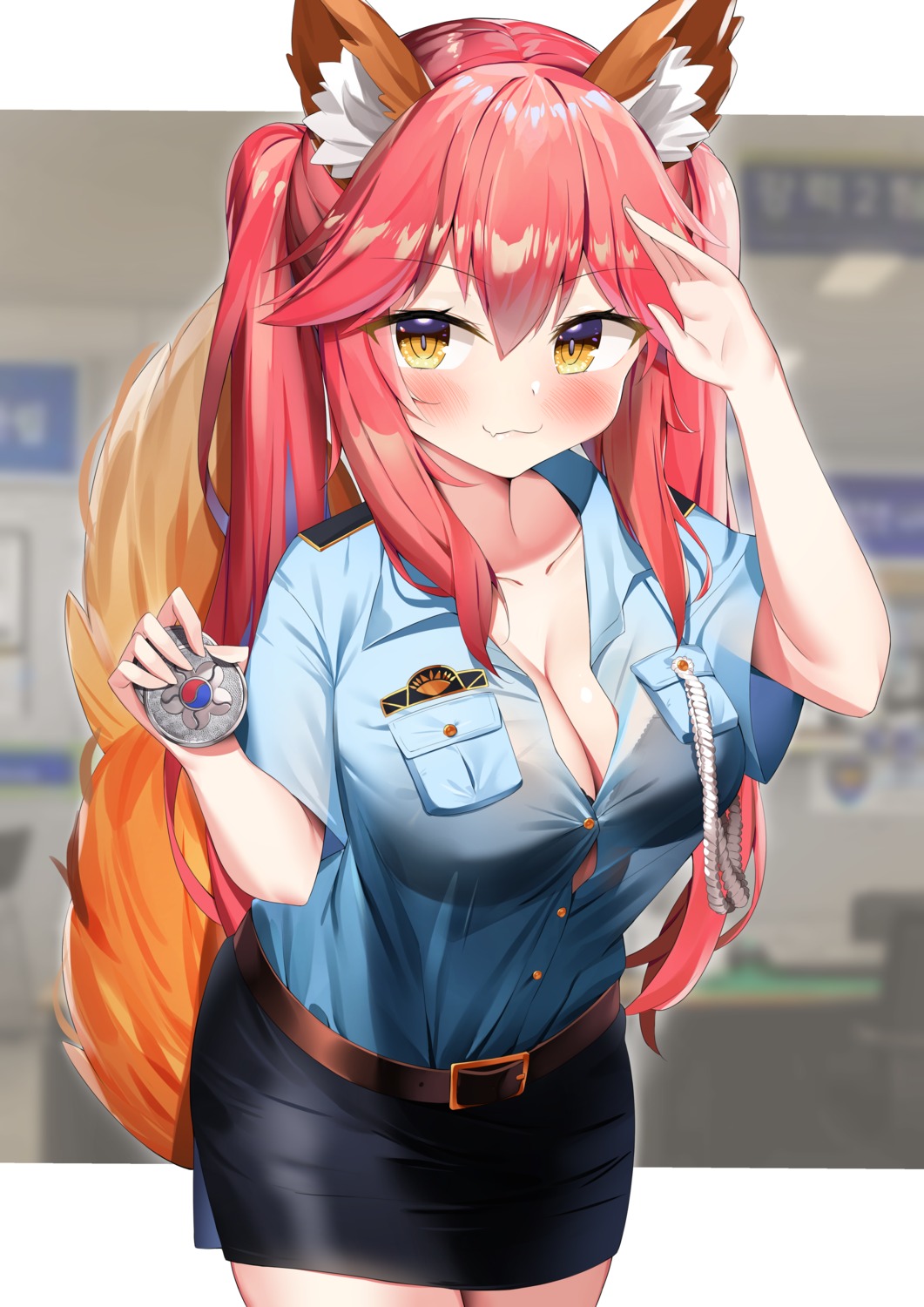 animal_ears bra cleavage fate/extra fate/stay_night kitsune kuse_(0201) open_shirt police_uniform see_through tail tamamo_no_mae