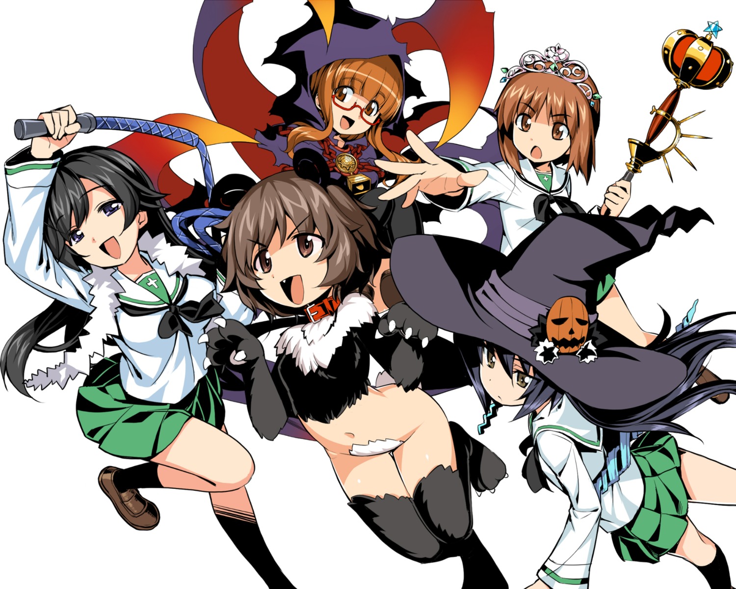 akiyama_yukari animal_ears bottomless cosplay girls_und_panzer halloween isuzu_hana maebari megane namonashi nishizumi_miho reizei_mako seifuku sekaiju_no_meikyuu tail takebe_saori thighhighs weapon witch