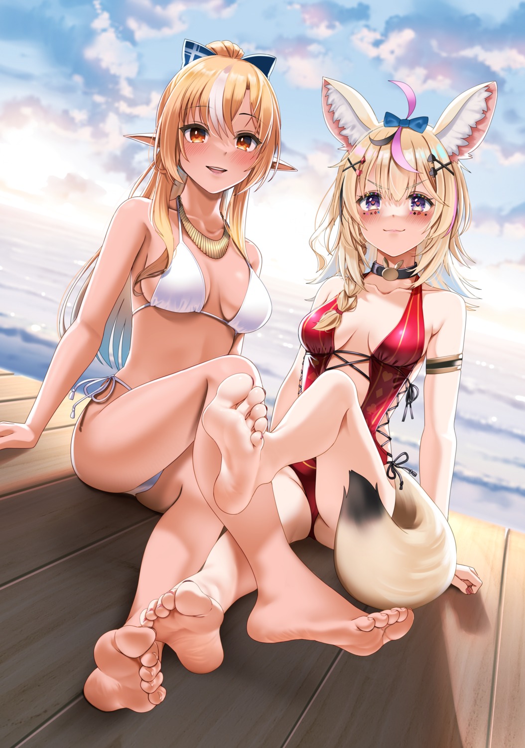 animal_ears bikini casino_(casinoep) digital_version elf feet hololive omaru_polka pointy_ears shiranui_flare swimsuits