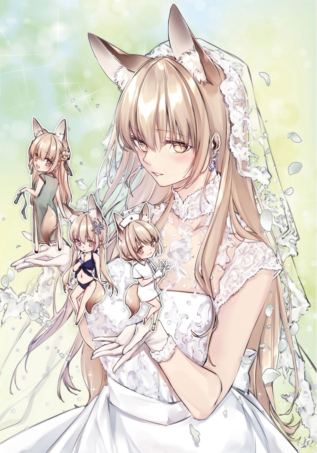 animal_ears chibi dress kitsune shizu-chan tail wedding_dress yukibuster
