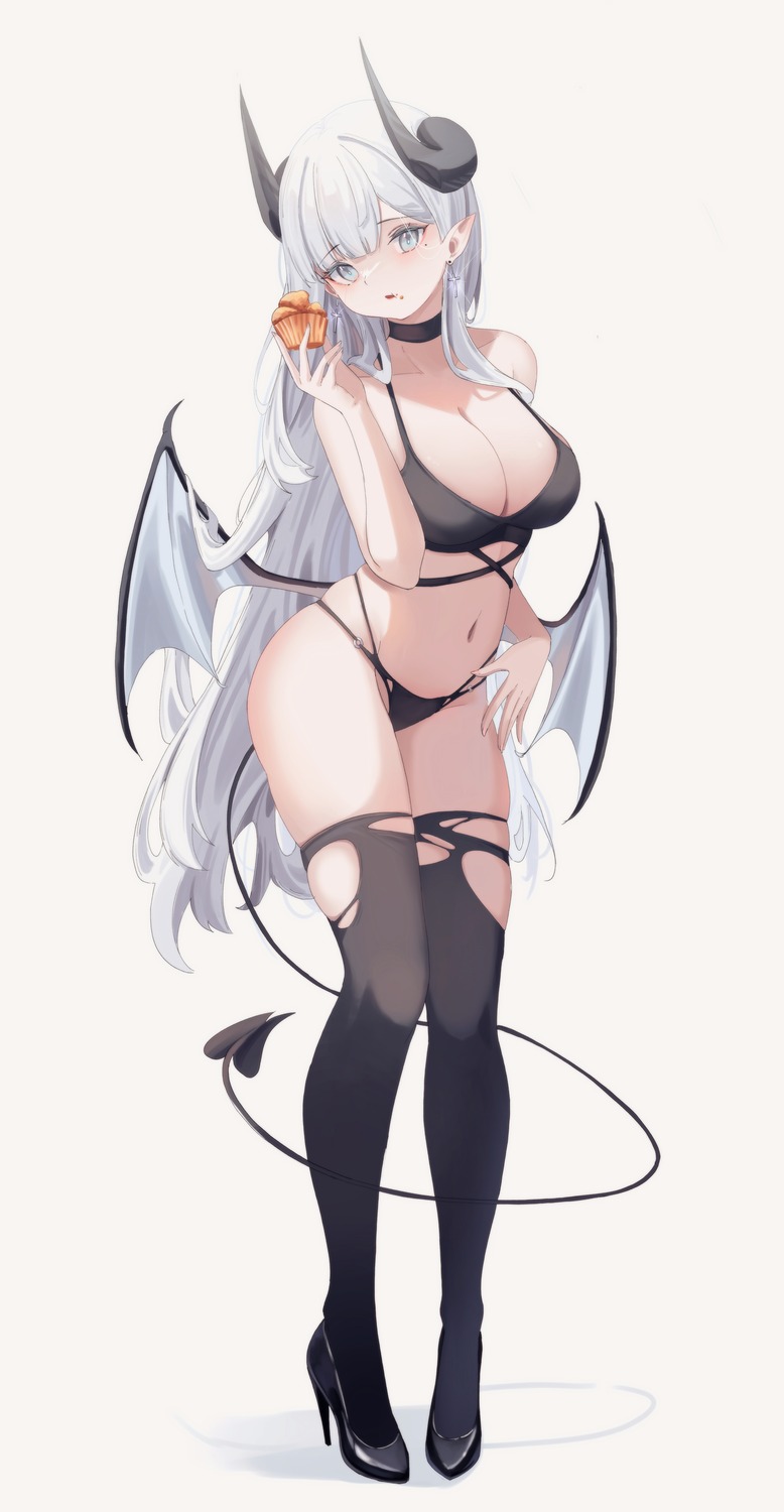 bikini cake_walker devil heels horns pointy_ears swimsuits tail thighhighs torn_clothes wings