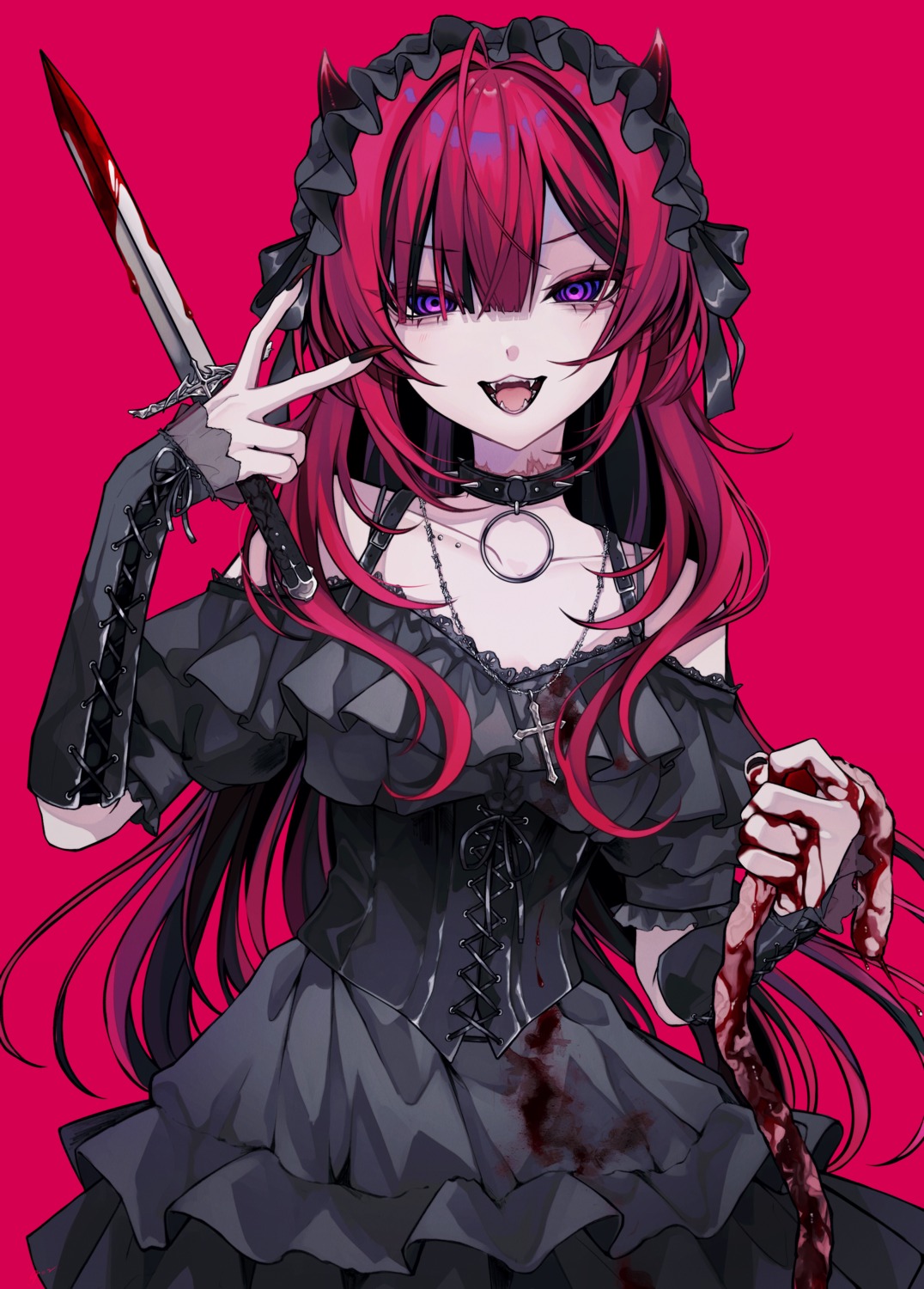 402_(o0_xxx) blood corset dress extreme_content gothic_lolita guro horns lolita_fashion weapon