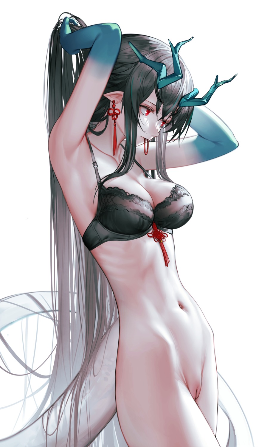 arknights bottomless bra dusk_(arknights) horns iumu pointy_ears pussy tail uncensored