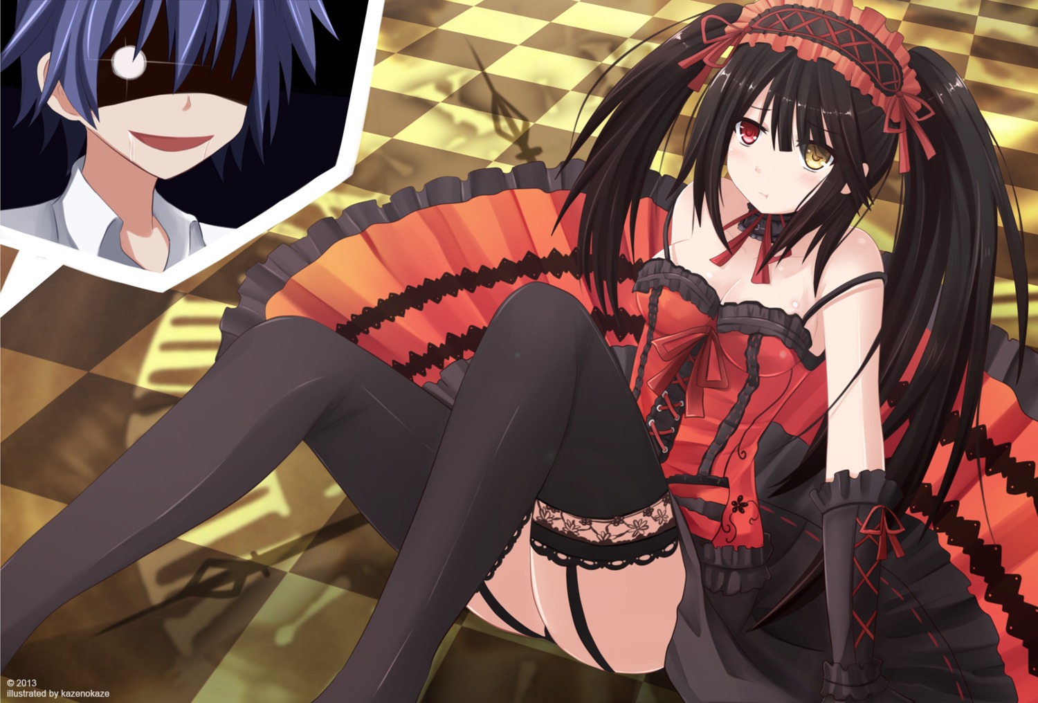 cleavage date_a_live garter_belt heterochromia itsuka_shidou kazenokaze stockings thighhighs tokisaki_kurumi