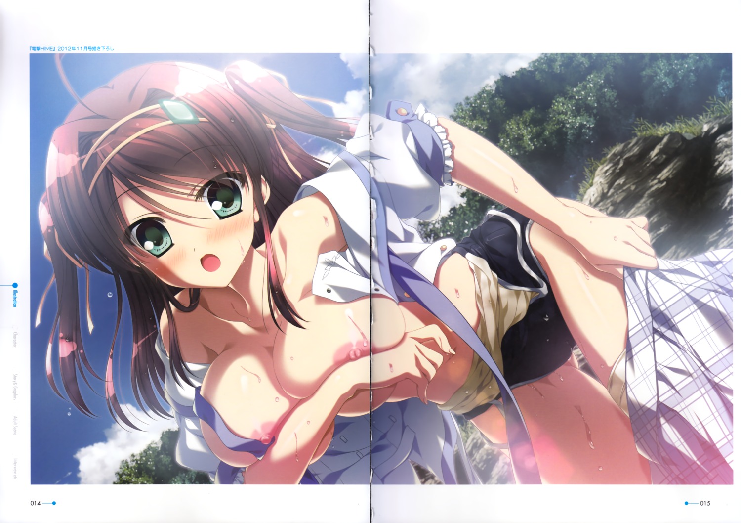 breast_hold breasts crease gap minakawa_sui minori natsuzora_no_perseus nipples open_shirt school_swimsuit swimsuits takasaki_maco wet