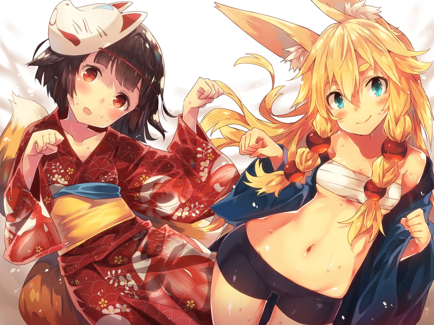 animal_ears bike_shorts cleavage kitsune narumi_arata open_shirt sarashi tail underboob yukata